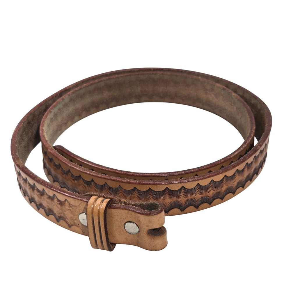 Looper Men 36 Brown Tooled Leather Belt Replacement Strap Scalloped Snap Western